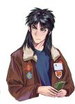  1boy black_hair brown_jacket card closed_mouth cropped_torso grey_eyes grey_shirt highres holding holding_card itou_kaiji jacket kaiji long_hair long_sleeves looking_afar looking_to_the_side male_focus medium_bangs open_clothes open_jacket patch playing_card sanpaku shirt simple_background solo star_(symbol) star_pin upper_body v-shaped_eyebrows white_background zhaiju2 