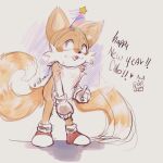 anthro blue_eyes canid canine cloth clothed clothing felichanfli fox fur gloves handwear hi_res male mammal miles_prower new_year_2024 open_mouth partially_clothed sega simple_background solo sonic_the_hedgehog_(series) tail white_body yellow_body yellow_fur