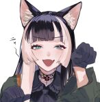  1girl :d animal_ears black_gloves black_hair blue_eyes blush cat_ears choker fang gloves highres hololive juufuutei_raden looking_at_viewer murechika simple_background skin_fang smile solo virtual_youtuber white_background white_hair 