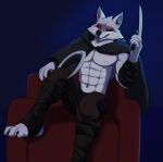 abs armwear canid canine canis cape chair clothing death_(puss_in_boots) dreamworks furniture hi_res kvnpoulsen mammal on_chair puss_in_boots_(dreamworks) sitting sitting_on_chair smug_expression smug_eyes smug_face smug_grin weapon wolf