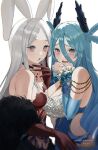  2girls :o animal_ears bare_shoulders black_choker blue_flower blue_hair blue_rose blush breasts choker chromatic_aberration clenched_hands clothing_cutout commentary_request commission elbow_gloves embarrassed expressionless eyes_visible_through_hair fake_animal_ears finger_to_face fingernails flower fur_(clothing) gloves gold grey_eyes grey_hair hair_between_eyes hands_up horns jewelry jpeg_artifacts long_bangs long_hair looking_at_viewer multiple_girls open_mouth original parted_bangs purple_horns rabbit_ears red_gloves rose scared sharp_fingernails simple_background skeb_commission sweatdrop tearing_up upper_body very_long_fingernails wavy_mouth white_background white_flower white_rose youichi_(45_01) 