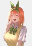  1girl bow bowtie breasts closed_eyes collared_shirt go-toubun_no_hanayome gomashiwo_o green_bow green_bowtie green_hairband grey_background hairband hand_to_own_mouth large_breasts medium_hair nakano_yotsuba open_mouth orange_hair shirt simple_background solo sweater_vest teeth upper_teeth_only white_shirt yellow_sweater_vest 