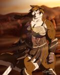 2019 anthro armor big_breasts blue_eyes bottomwear breasts butt canid canine canis clothing collie domestic_dog female fur herding_dog hi_res mammal melee_weapon multicolored_body multicolored_fur muscular muscular_anthro muscular_female pastoral_dog rough_collie sheepdog solo sword topwear two_tone_body two_tone_fur weapon wounded xxsparcoxx yacasta_(xxsparcoxx)