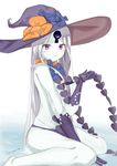  abigail_williams_(fate/grand_order) absurdres bangs blue_bow blush bow closed_mouth commentary_request elbow_gloves eyebrows_visible_through_hair fate/grand_order fate_(series) gloves hat hat_bow highres holding long_hair looking_at_viewer looking_to_the_side orange_bow pale_skin panties parted_bangs purple_eyes purple_gloves purple_hat purple_panties revealing_clothes silver_hair sitting sog-igeobughae solo topless underwear very_long_hair wariza water white_background witch_hat 