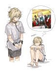  1boy aventurine_(honkai:_star_rail) barefoot blonde_hair brown_shorts chain chain_leash collar cuffs handcuffs highres honkai:_star_rail honkai_(series) leash literally1me male_focus on_ground purple_eyes restrained shirt short_hair shorts simple_background sitting solo white_background white_shirt 