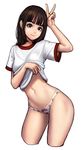  arm_up bangs black_eyes blunt_bangs closed_mouth contrapposto cropped_legs food_print hand_on_own_head highres jungon_kim leaning_to_the_side lifted_by_self navel no_pupils original panties print_panties shirt shirt_lift short_hair short_sleeves simple_background smile solo standing stomach strawberry_panties strawberry_print thighs underwear v white_background white_shirt 