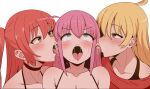  3girls ahegao ahoge blonde_hair blue_eyes bocchi_the_rock! breasts brown_eyes choker cleavage gotoh_hitori highres ijichi_seika kita_ikuyo licking licking_ear long_hair multiple_girls open_mouth pink_hair pm_byeol-i red_hair saliva simple_background sweat teeth tongue tongue_out upper_body upper_teeth_only white_background yellow_eyes yuri 