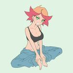  ahoge amanda_o'neill barefoot black_bra bra breasts butterfly_sitting cleavage commentary_request full_body green_eyes grin groin hands_on_own_feet large_breasts little_witch_academia looking_at_viewer multicolored_hair no_panties orange_hair red_hair short_hair simple_background sitting smile sou_(mgn) strap_gap two-tone_hair underwear 