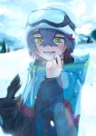  1boy alternate_costume beanie black_gloves black_hair blush crossed_bangs day gloves goggles goggles_on_head hair_between_eyes hat highres jacket kieran_(pokemon) long_sleeves looking_at_viewer male_focus multicolored_hair outdoors pokemon pokemon_sv purple_hair single_glove ski_goggles snow snowing solo upper_body yellow_eyes zannka2 