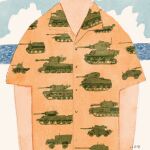  1boy blue_sky cloud day hawaiian_shirt highres iida_kento ocean orange_shirt original outdoors shirt sky solo tank_print water 