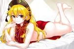  ass bare_arms bare_shoulders barefoot bed bed_sheet black_hat blonde_hair breasts closed_mouth crescent crossed_ankles curtains day feet finger_to_mouth hat highres indoors junko_(touhou) large_breasts legs_up long_hair looking_at_viewer lying naked_tabard no_bra no_dress no_panties on_bed on_stomach red_eyes ribbon sideboob smile solo sudako_(dai011305) sunlight tabard tassel the_pose thighs touhou yellow_ribbon 