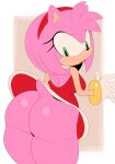 a_name_for_me accessory amy_rose anthro bottomless breasts butt clothed clothing eulipotyphlan female gloves green_eyes hair_accessory hairband handwear hedgehog hi_res mammal pink_body pink_skin sega simple_background solo sonic_the_hedgehog_(series)