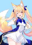  1girl :d absurdres animal_ear_fluff animal_ears blonde_hair blue_background blue_bow blue_bowtie bow bowtie breasts cowboy_shot dress finger_to_mouth floating_hair fox_ears fox_girl fox_tail gold_trim hair_between_eyes hands_up highres leaning_to_the_side light_blush long_hair long_sleeves looking_at_viewer one_eye_closed open_mouth orange_eyes original simple_background small_breasts smile solo tail twintails uma_(uma_mohumohu) v-shaped_eyebrows white_dress white_sleeves wide_sleeves 