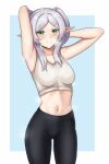  1girl armpits arms_up bare_arms bare_shoulders black_pants breasts commentary cowboy_shot crop_top fangs_(fangs_art) frieren green_eyes grey_hair highres leggings long_hair looking_at_viewer medium_breasts midriff navel pants pointy_ears smile solo sousou_no_frieren standing stomach sweat tank_top thick_eyebrows thighs twintails white_tank_top 