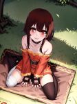  1girl asymmetrical_legwear bandaged_leg bandages black_gloves black_thighhighs brown_hair closed_mouth collar day dress fingerless_gloves from_above gloves grass highres kono_subarashii_sekai_ni_shukufuku_wo! lolipope looking_at_viewer megumin mismatched_legwear outdoors red_dress red_eyes short_hair_with_long_locks single_thighhigh sitting smile solo thighhighs tree wariza 