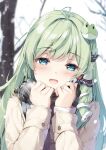  1girl blue_eyes blush branch buttons coat day fingernails frog_hair_ornament green_eyes hair_ornament hair_tubes hands_up highres kochiya_sanae long_hair long_sleeves looking_at_viewer miyase_mahiro open_mouth outdoors scarf smile snow snowing touhou tree upper_body winter_clothes winter_coat 