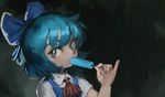  blue_dress blue_eyes blue_hair bow cirno dress flat_chest food food_in_mouth hair_bow looking_at_viewer oreoppi pinky_out popsicle short_hair solo touhou 