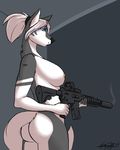  2017 anthro assault_rifle big_breasts blue_eyes breasts butt canine digital_media_(artwork) dog female gun husky kida_howlette looking_into_distance m-16 mammal nipple_peircings nipples nude ranged_weapon rifle side_boob side_profile simple_background solo weapon 