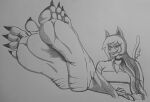 5_toes absurd_res anthro barefoot black_toe_claws blush cat_eared_creature chilling claws clothed clothing collar defiler domestic_cat fangs feet felid feline felis female foot_fetish foot_focus graphite_(artwork) hair hi_res humanoid_feet long_hair makeup mammal pencil_(artwork) plantigrade reading seraphinxa_(kimberco) simple_background sitting smile soles solo tail teeth toe_claws toes traditional_media_(artwork) white_background