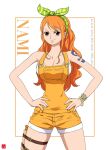  1girl arm_tattoo bracelet character_name chris_re5 cowboy_shot english_commentary hairband hand_on_own_hip instagram_username jewelry log_pose long_hair looking_at_viewer nami_(one_piece) one_piece orange_eyes orange_hair orange_overalls overalls sidelocks simple_background smile solo tattoo twitter_username white_background 