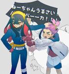  1boy 1girl bag black_hair blueberry_academy_school_uniform blush brother_and_sister carmine_(pokemon) closed_eyes crossed_bangs fanny_pack gloves grey_background hand_on_another&#039;s_head hand_on_own_hip jacket kieran_(pokemon) long_sleeves mole mole_on_neck mole_under_eye multicolored_hair open_clothes open_jacket open_mouth pokemon pokemon_sv puff_of_air purple_hair school_uniform shorts siblings simple_background single_glove star_(symbol) sweat translation_request white_jacket wosinnk yellow_bag yellow_eyes 