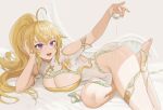  1girl :d ahoge alcohol alternate_costume blonde_hair breasts china_dress chinese_clothes choko_(cup) cleavage cleavage_cutout clothing_cutout cup dress elbow_rest gold_trim high_ponytail highres large_breasts long_hair lying on_side open_mouth pelvic_curtain pouring pouring_onto_self purple_eyes rwby sake short_sleeves smile solo stirrup_legwear thighhighs toeless_legwear wangxiii yang_xiao_long 