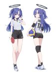  1girl :o absurdres alternate_costume ball black_halo black_shorts blue_archive blue_eyes blue_hair closed_mouth clothes_writing full_body halo highres holding holding_ball holding_racket long_hair looking_at_viewer multiple_views ponytail racket shirt short_sleeves shorts simple_background sportswear standing tem_(tempainting1) tennis_uniform two_side_up volleyball_(object) volleyball_uniform white_background white_shirt yuuka_(blue_archive) 
