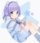  1girl :3 animal_ears blue_shorts blue_socks fake_animal_ears frills headphones highres hood hoodie long_sleeves looking_at_viewer medium_hair nijisanji njcccsj purple_eyes purple_hair shorts smile socks solo star_(symbol) striped_clothes striped_hoodie stuffed_animal stuffed_toy teddy_bear virtual_youtuber white_background yuuki_chihiro yuuki_chihiro_(14th_costume) 