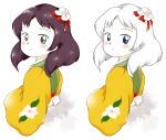  1girl blue_eyes blush closed_mouth floral_print flower green_kimono grey_eyes hair_flower hair_ornament hieda_no_akyuu japanese_clothes kimono long_sleeves medium_hair nonamejd official_style purple_hair touhou white_flower white_hair wide_sleeves zun_(style) 