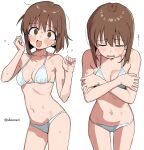  1girl @_@ artist_name bare_arms bikini blush breasts brown_eyes brown_hair covering_breasts covering_privates cowboy_shot crossed_arms embarrassed hagiwara_yukiho hair_between_eyes highres idolmaster idolmaster_(classic) multiple_views navel open_mouth shisoneri short_hair simple_background small_breasts solo stomach sweat swimsuit twitter_username white_background white_bikini 
