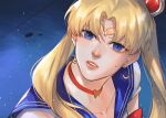  1girl bishoujo_senshi_sailor_moon blonde_hair blue_eyes blue_sailor_collar choker circlet close-up double_bun earrings english_commentary hair_bun jewelry meme on_ground rami_rz red_choker sailor_collar sailor_moon sailor_moon_redraw_challenge_(meme) solo tsukino_usagi 