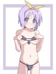  1girl bikini bikini_top_lift black_bikini bow bow_hairband breasts cameltoe closed_mouth clothes_lift cowboy_shot hairband highres hiiragi_tsukasa lifted_by_self looking_at_viewer lucky_star medium_breasts navel nipples purple_eyes purple_hair solo swimsuit tamaya tareme yellow_bow 