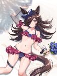  1girl alternate_costume animal_ears bikini black_hair breasts closed_mouth collarbone flower hair_over_one_eye headband highres horse_ears horse_tail navel ribbon rice_shower_(umamusume) sand small_breasts smile solo swimsuit tail tsukiyuki_mike umamusume 