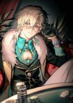  1boy aqua_shirt aventurine_(honkai:_star_rail) black_gloves blonde_hair bracelet clothing_cutout collared_shirt earrings fur_trim glasses gloves hair_between_eyes highres honkai:_star_rail honkai_(series) jewelry kangetsu_(fhalei) looking_at_viewer male_focus pectoral_cleavage pectorals poker_chip poker_table purple_eyes shirt short_hair sitting solo table 