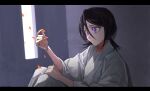  1girl black_hair bleach choker closed_mouth dated frown hair_between_eyes highres holding holding_petal japanese_clothes jou_(jo_jjo) kimono kuchiki_rukia long_bangs petals purple_eyes red_choker short_hair sitting solo white_kimono 