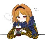  1other absurdres adapted_costume androgynous bingkuaihei blue_scarf blush chinese_commentary colored_skin commentary_request drink hair_intakes hairband highres holding holding_drink len&#039;en long_sleeves medium_hair open_mouth orange_hair other_focus plaid plaid_hairband plaid_scarf red_eyes red_hairband scarf sketch smile solo tassel translation_request white_skin zuifeng_tenkai 
