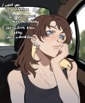  1girl airpods artist_self-insert black_tank_top blonde_hair blue_eyes breasts brown_hair car_interior cleavage colored_inner_hair commentary english_commentary english_text flat_color freckles highres lips listening_to_music looking_afar lyrics medium_hair mole mole_on_breast mole_on_neck mole_under_eye multicolored_hair multiple_moles nose_piercing nose_ring piercing porqueloin real_life real_life_insert solo tank_top two-tone_hair wireless_earphones 
