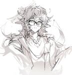  1boy animal_ears anmi arknights book collared_shirt crooked_eyewear flying_paper glasses hair_between_eyes highres id_card jacket katia_naumann lanyard long_hair male_focus monochrome object_on_head paper shirt simple_background solo sweater upper_body white_background 