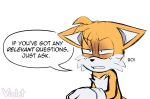2020 annoyed anthro blue_eyes canid canine clothing dialogue english_text fox fur gloves handwear hi_res male mammal miles_prower narrowed_eyes sega signature simple_background solo sonic_the_hedgehog_(series) speech_bubble text violetmadness7 white_body white_fur yellow_body yellow_fur