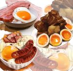  absurdres bowl commentary egg_(food) english_commentary food food_focus fried_egg ham highres mashed_potatoes meal meat no_humans original pepper_(spice) plate realistic rice sausage softboiled_egg tom23579 