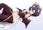  1girl ahoge bed_sheet black_hair black_pasties breastless_clothes breasts closed_eyes closed_mouth corset cross_facial_mark cross_pasties forward_facing_horns highres hiiragi_utena horns komatsu_(sakanae) lowleg lowleg_pants lying magia_baiser mahou_shoujo_ni_akogarete navel on_back pants pasties purple_corset purple_pants short_hair showgirl_skirt shrug_(clothing) small_breasts solo white_shrug yellow_horns 