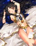  ;o armpits arms_up ass_visible_through_thighs bad_id bad_pixiv_id bed_sheet black_hair black_ribbon blush breasts cleavage collar earrings fate/grand_order fate_(series) from_above hair_ribbon highres i_(yunyuniraaka) ishtar_(fate/grand_order) jewelry light_particles long_legs looking_at_viewer lying medium_breasts messy_hair navel on_back on_bed one_eye_closed open_mouth red_eyes ribbon solo sparkle strapless thigh_gap thighs waist_cape 