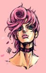  1girl choker close-up english_commentary green_eyes highres jojo_no_kimyou_na_bouken looking_at_viewer pink_background pink_hair pink_lips sherumaru_(korcht06) short_hair simple_background solo trish_una vento_aureo 