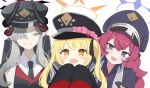  3girls absurdres black_coat black_headwear black_horns black_necktie black_shirt blonde_hair blue_archive blush coat collared_shirt demon_horns grey_eyes grey_hair hair_over_one_eye halo hat highres horns ibuki_(blue_archive) iroha_(blue_archive) koucha_(sr4ez) long_hair looking_at_viewer makoto_(blue_archive) multiple_girls necktie open_mouth peaked_cap pointy_ears purple_halo red_hair red_halo red_necktie shirt simple_background sleeves_past_fingers sleeves_past_wrists smile white_background white_shirt yellow_eyes yellow_halo 