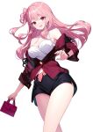  1girl bag bare_legs belt breasts emily_stock highres holding holding_bag large_breasts long_hair long_legs open_mouth original pink_belt pink_eyes pink_hair puffy_sleeves ririko_(zhuoyandesailaer) short_shorts shorts thighs white_background 