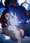  1girl blue_eyes blue_hair cure_sky cut_bangs dark_cure_sky dark_persona detached_sleeves earrings gloves glowing glowing_eyes hirogaru_sky!_precure hoshi_(xingspresent) jewelry long_hair looking_at_viewer magical_girl multicolored_hair precure reaching reaching_towards_viewer solo sora_harewataru wing_hair_ornament 