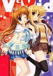  2girls blonde_hair blush breasts brown_hair canon couple date fate_testarossa fujima_takuya happy linked_arms lyrical_nanoha mahou_shoujo_lyrical_nanoha mahou_shoujo_lyrical_nanoha_vivid multiple_girls official official_art open_mouth purple_eyes red_eyes shopping shopping_bag skirt smile stockings surprised takamachi_nanoha thighs yuri 