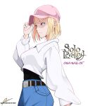  1girl belt black_shirt blonde_hair blue_pants breasts cha_hae-in character_name closed_mouth copyright_name denim feet_out_of_frame flat_cap from_side hair_between_eyes hand_on_headwear hat highres leaning_back looking_ahead medium_breasts pants pink_eyes pink_headwear shirt short_hair signature solo solo_leveling user_kgms3843 white_shirt 