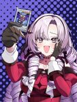  1girl black_gloves blush breasts card chaos_ruler_the_chaotic_magical_dragon chiro_(chirolchoco25) dress drill_hair gloves hand_on_own_cheek hand_on_own_face headband highres holding holding_card hyakumantenbara_salome hyakumantenbara_salome_(1st_costume) juliet_sleeves large_breasts long_hair long_sleeves nijisanji open_mouth puffy_sleeves purple_eyes purple_hair purple_headband red_dress sleeve_cuffs smile solo yu-gi-oh! 