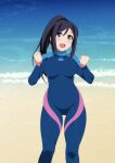  absurdres beach black_hair blue_wetsuit bodysuit breasts covered_navel diving_suit high_ponytail highres love_live! love_live!_sunshine!! matsuura_kanan open_mouth purple_eyes sand sidelocks standing supudere_(doki2sdale) water wetsuit 